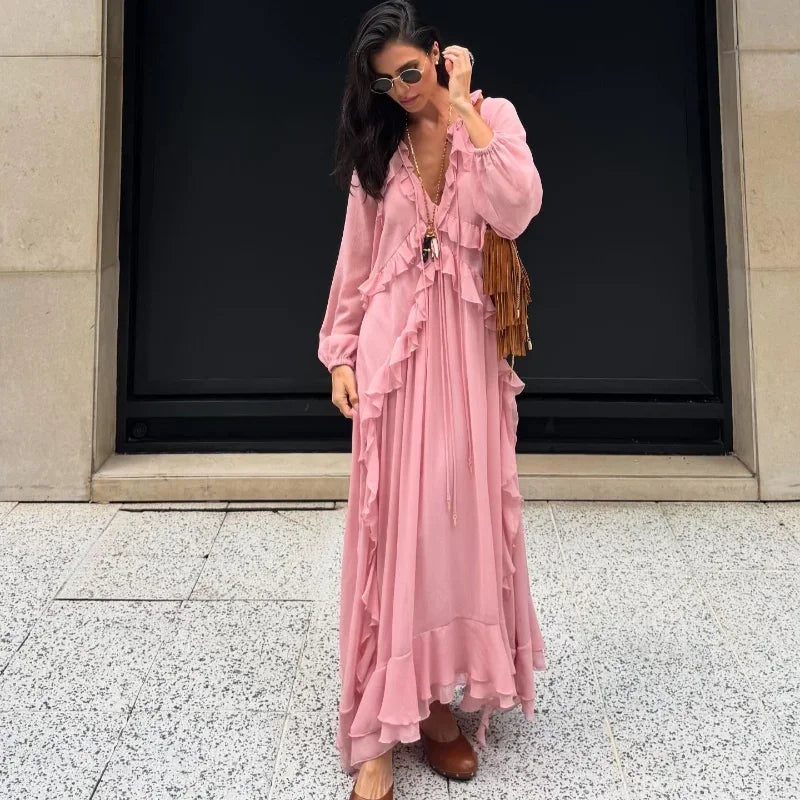 Elegant Solid Multiple Flounces Full Sleeve Robes