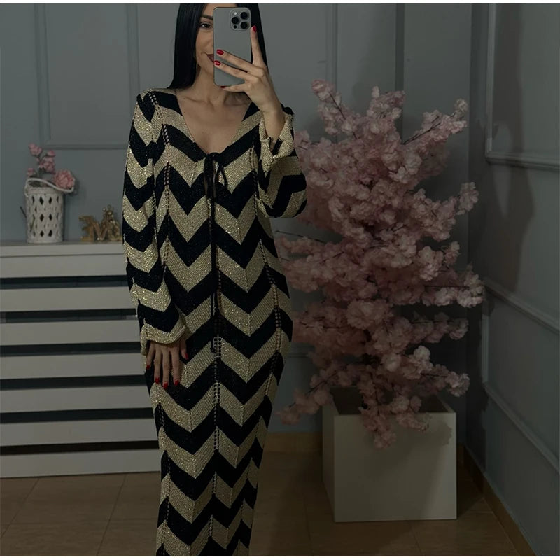 Fashion Knitted Striped Lace Up Maxi Dress
