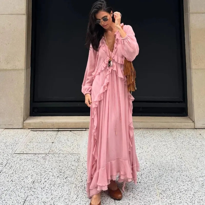Elegant Solid Multiple Flounces Full Sleeve Robes