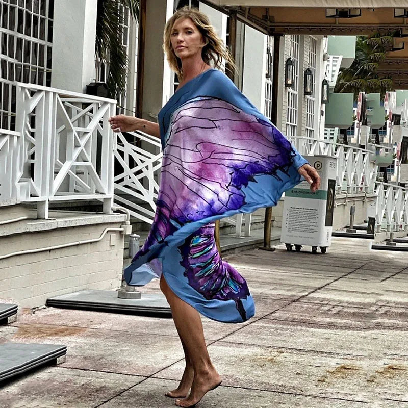 Color Butterfly Print One Shoulder Sleeve Dresses