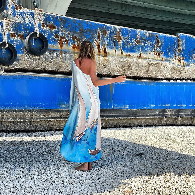 Color Butterfly Print One Shoulder Sleeve Dresses