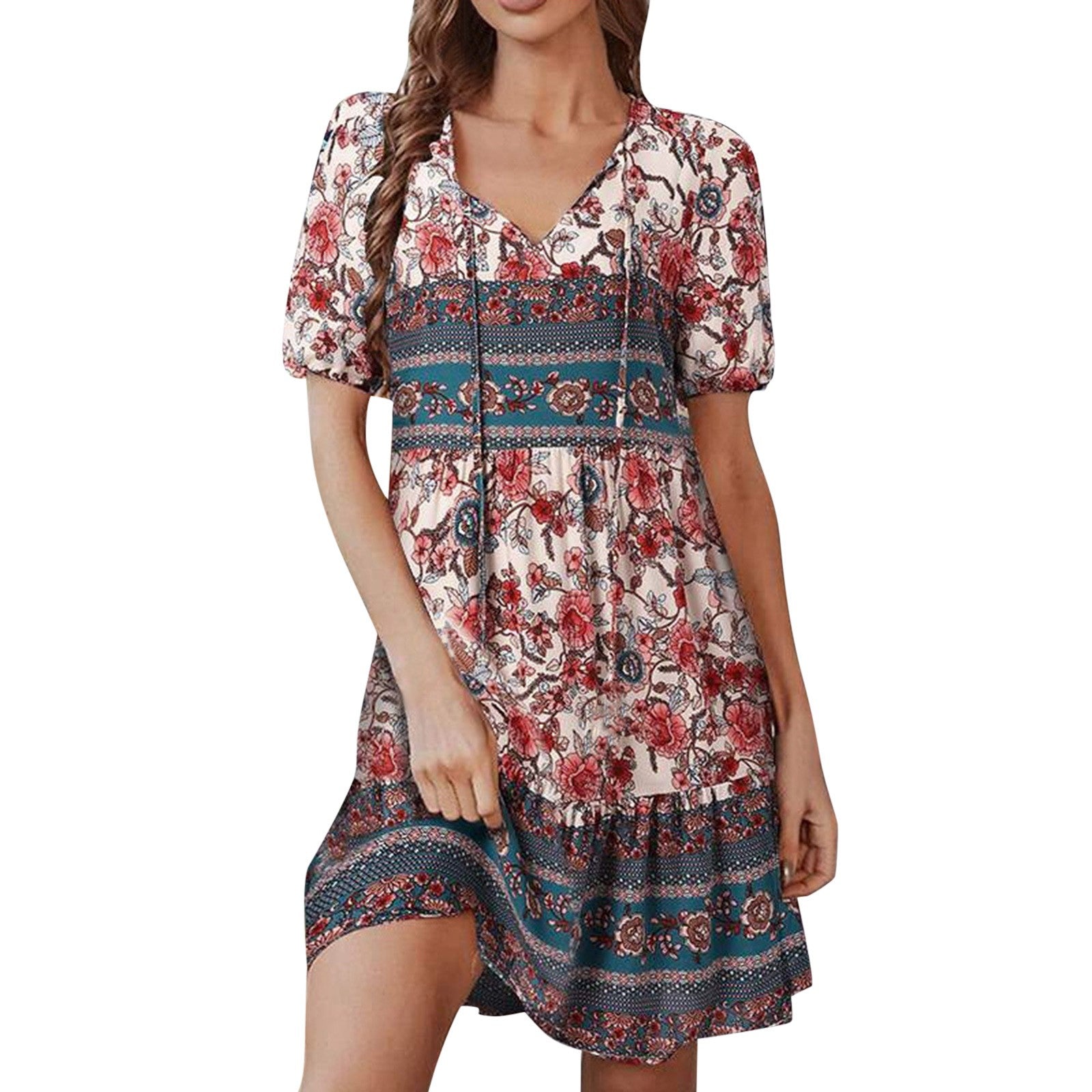 Women Boho Floral Print Tie Up Dresses