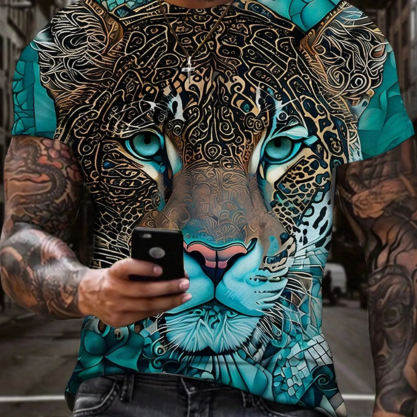 Summer men's 3D lion and tiger pattern T-shirt