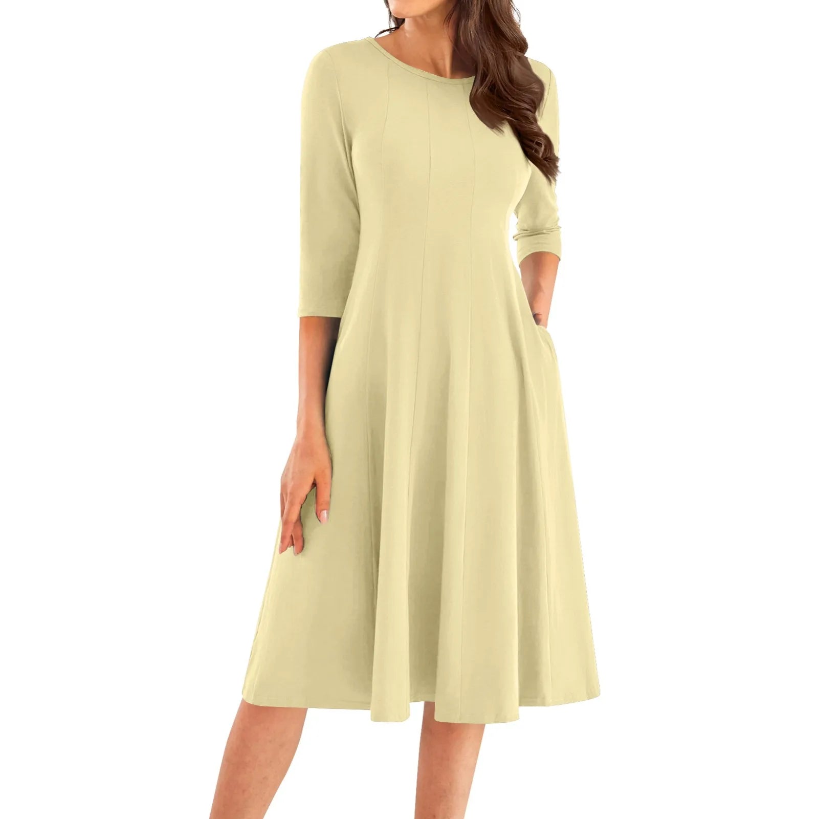 Three Quarter Sleeve Solid Color Dress