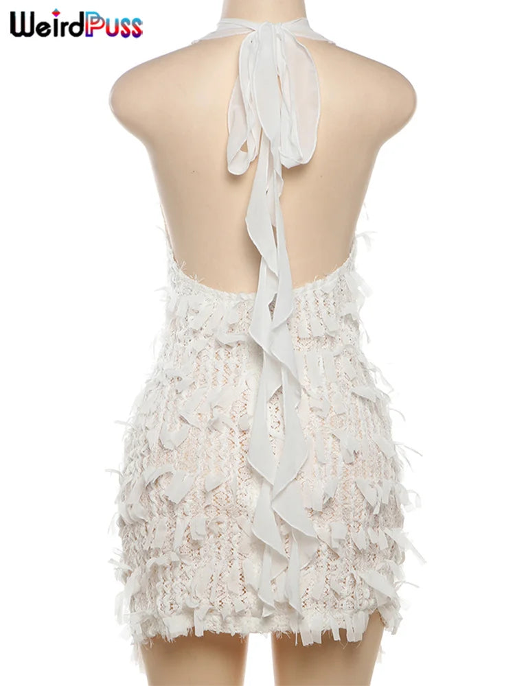 Weird Puss Sexy Halter Tassel Dress
