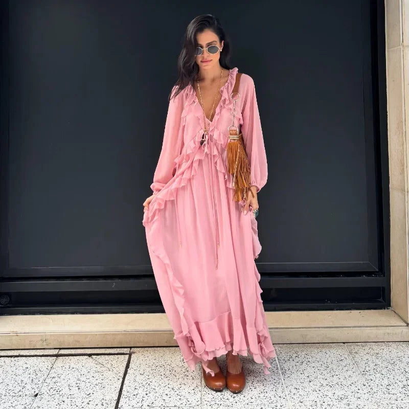 Elegant Solid Multiple Flounces Full Sleeve Robes