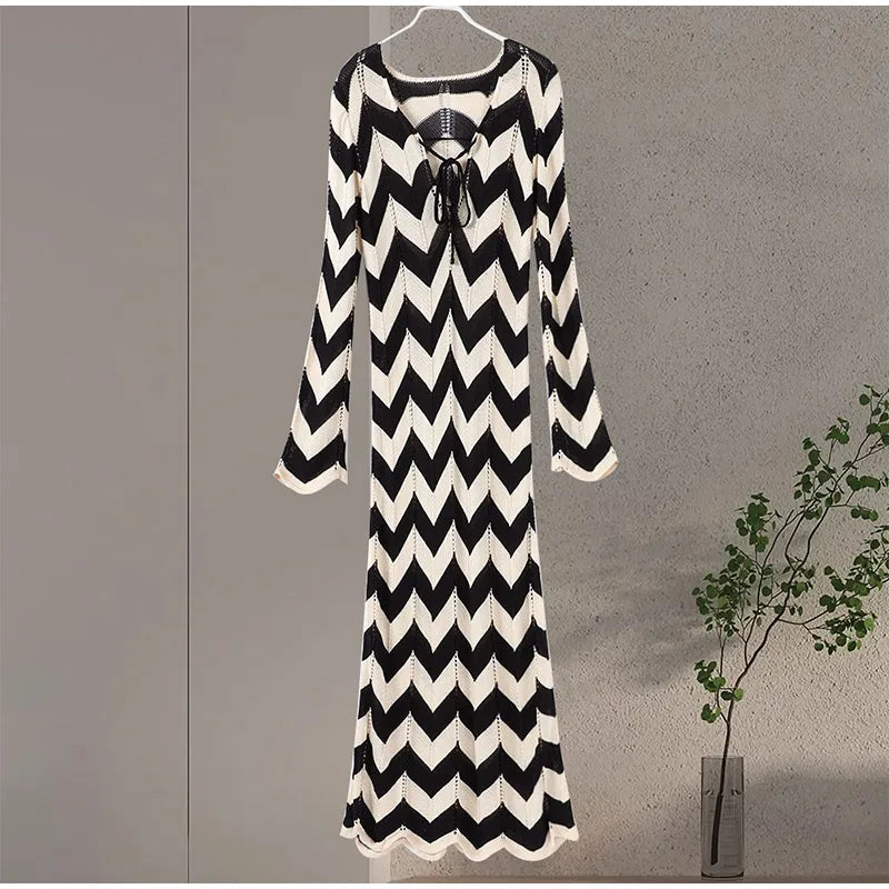 Fashion Knitted Striped Lace Up Maxi Dress