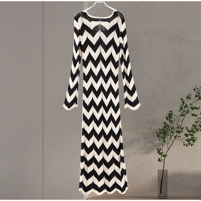Fashion Knitted Striped Lace Up Maxi Dress