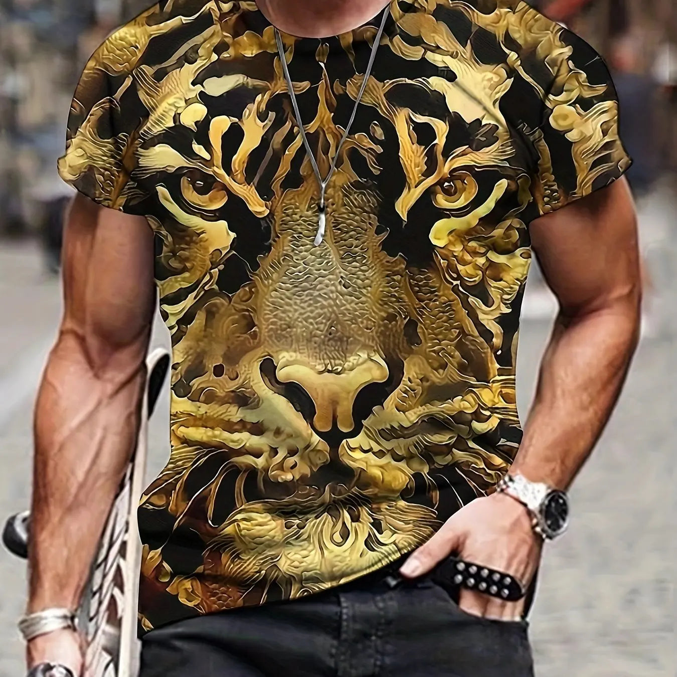 Summer men's 3D lion and tiger pattern T-shirt
