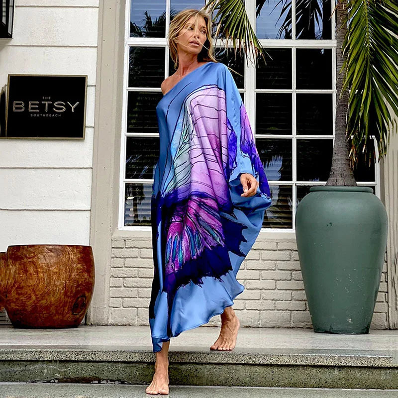 Color Butterfly Print One Shoulder Sleeve Dresses