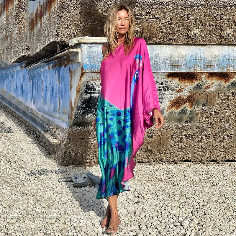 Color Butterfly Print One Shoulder Sleeve Dresses