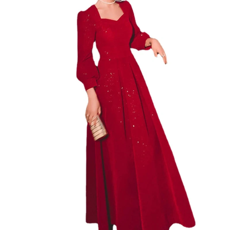 Temperament Dress Women's Solid Color Spring Autumn New Square Collar Long-sleeved A-line Long Skirt Fashion Female Clothing