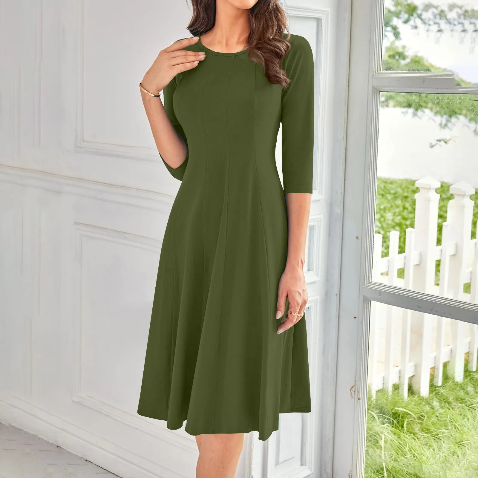 Three Quarter Sleeve Solid Color Dress
