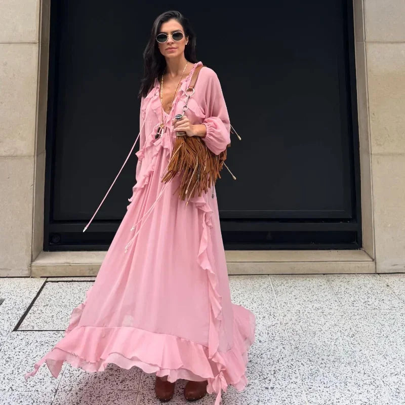 Elegant Solid Multiple Flounces Full Sleeve Robes
