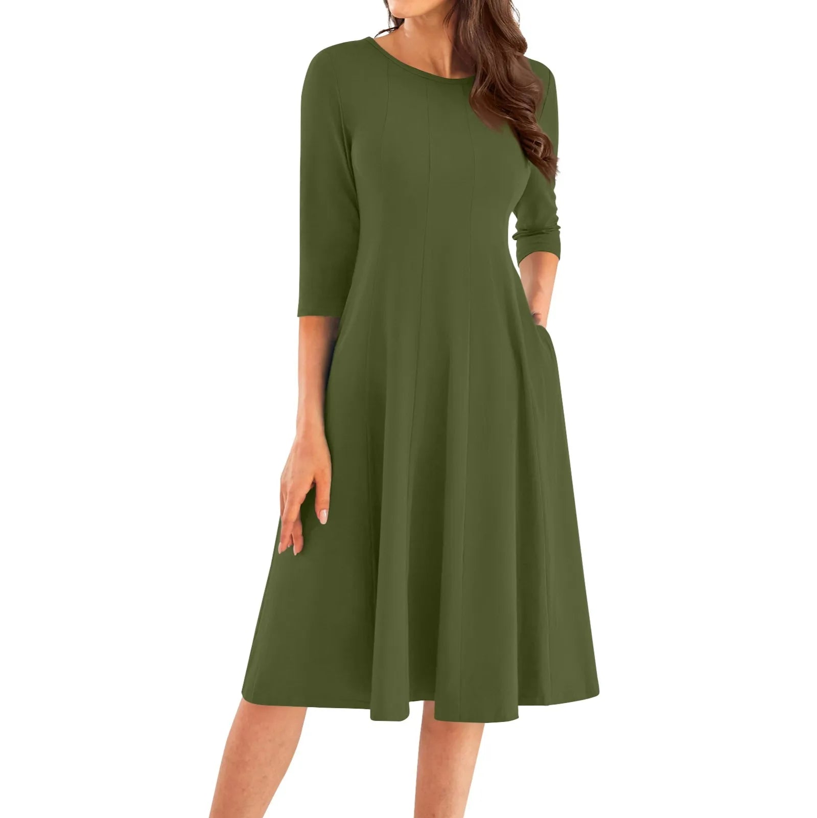 Three Quarter Sleeve Solid Color Dress
