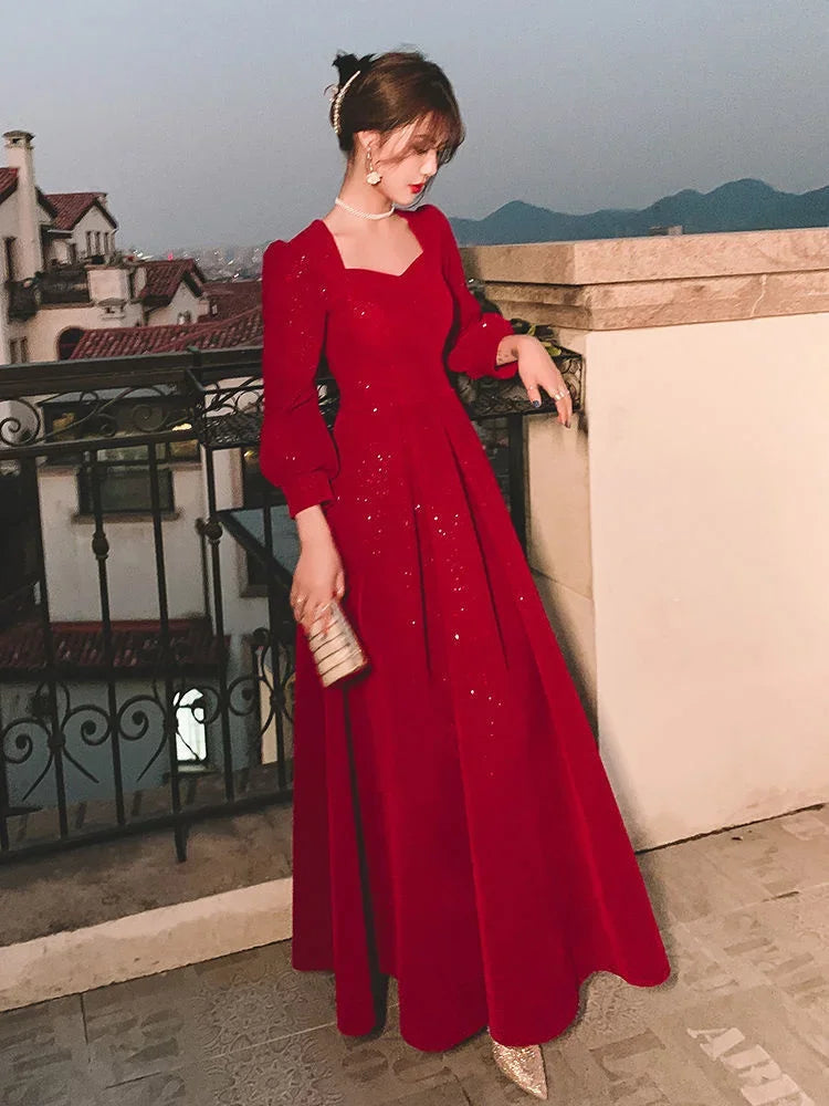 Temperament Dress Women's Solid Color Spring Autumn New Square Collar Long-sleeved A-line Long Skirt Fashion Female Clothing