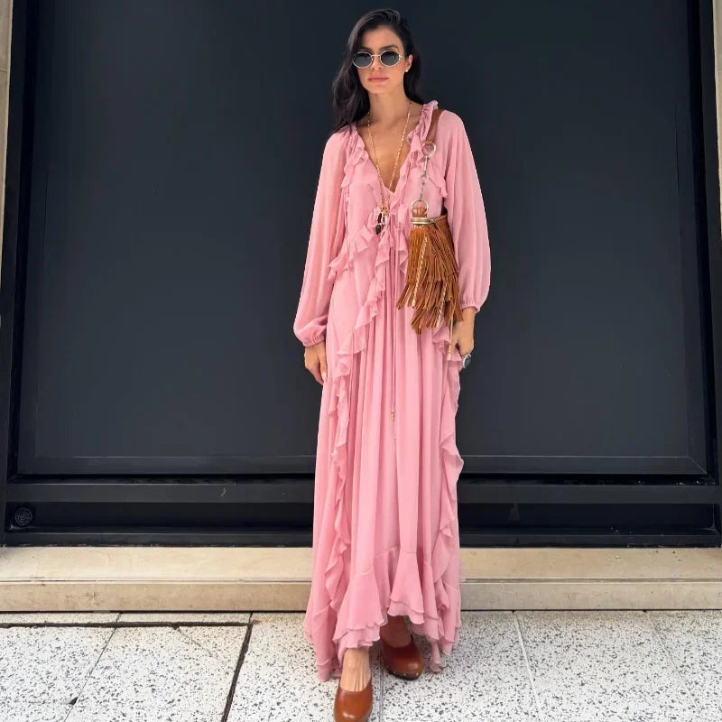 Elegant Solid Multiple Flounces Full Sleeve Robes