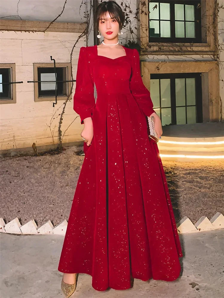 Temperament Dress Women's Solid Color Spring Autumn New Square Collar Long-sleeved A-line Long Skirt Fashion Female Clothing
