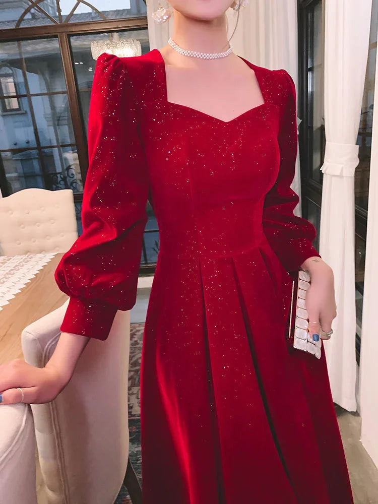 Temperament Dress Women's Solid Color Spring Autumn New Square Collar Long-sleeved A-line Long Skirt Fashion Female Clothing