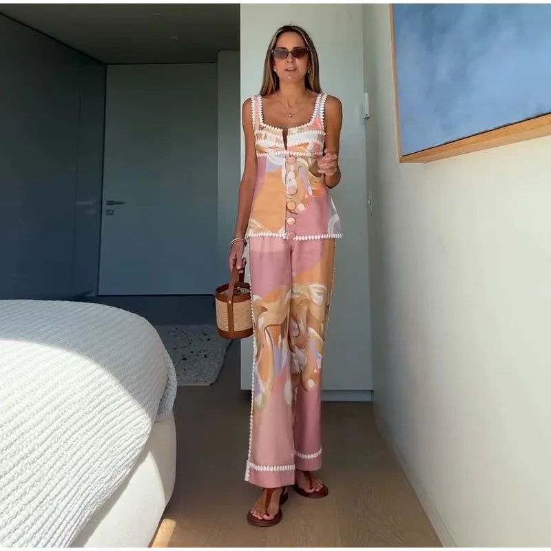 Casual Print Pants Suits
