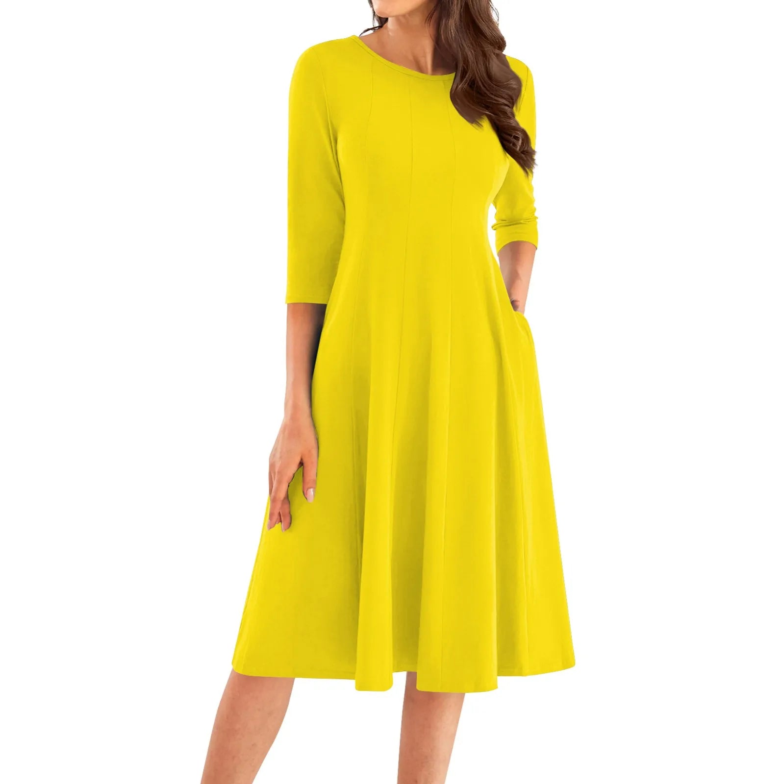 Three Quarter Sleeve Solid Color Dress