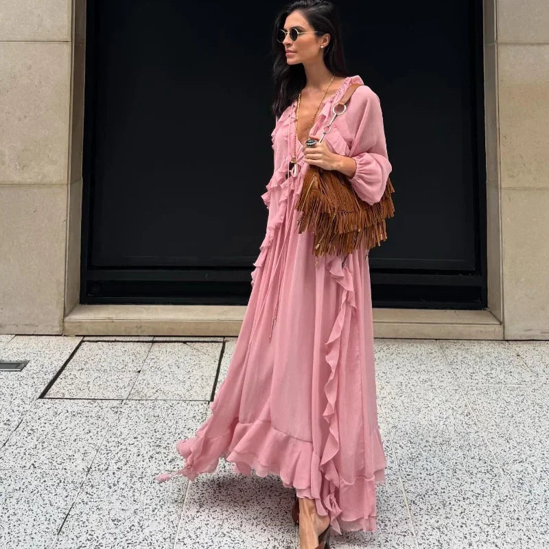 Elegant Solid Multiple Flounces Full Sleeve Robes
