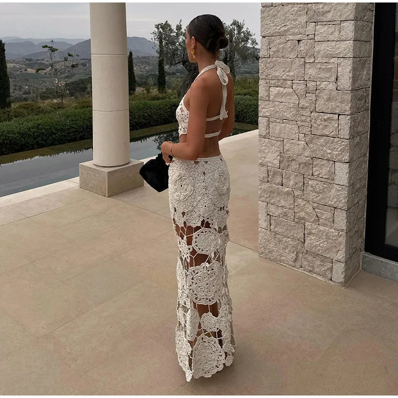 Crochet Hollow Out Halter Maxi Dress