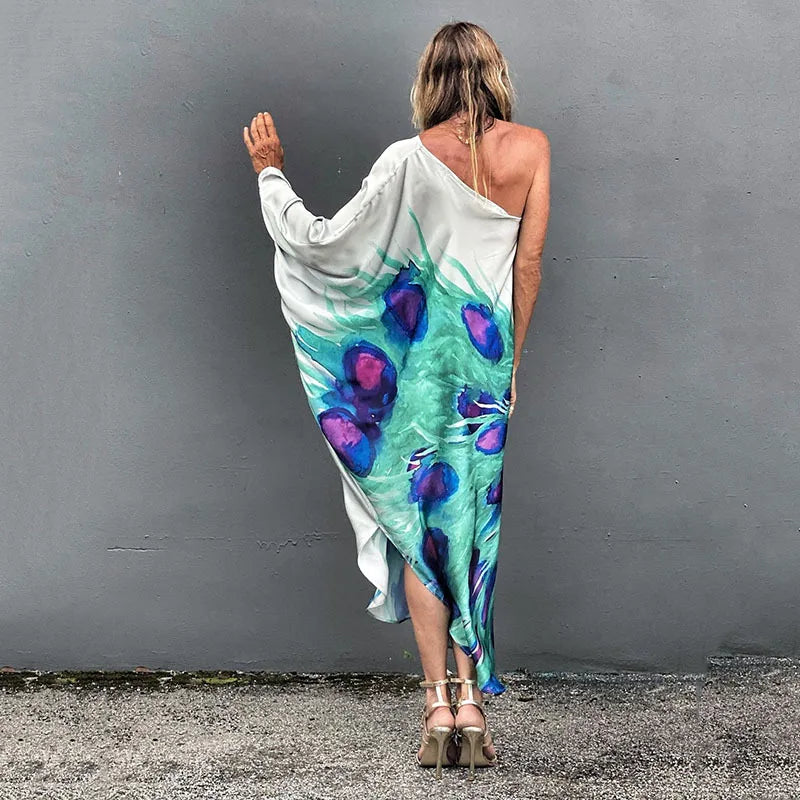 Color Butterfly Print One Shoulder Sleeve Dresses