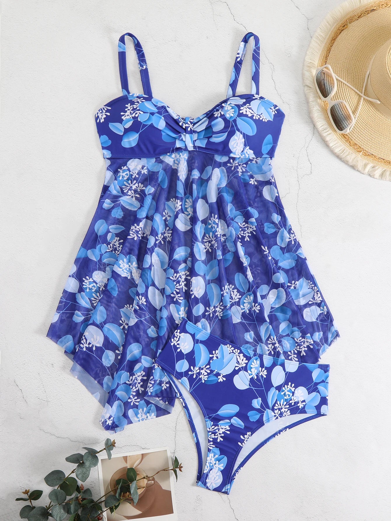 Tropical floral print conservative belly-covering ruffled slim-fit swimsuit bikini dress style two-piece swimwear