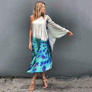 Color Butterfly Print One Shoulder Sleeve Dresses