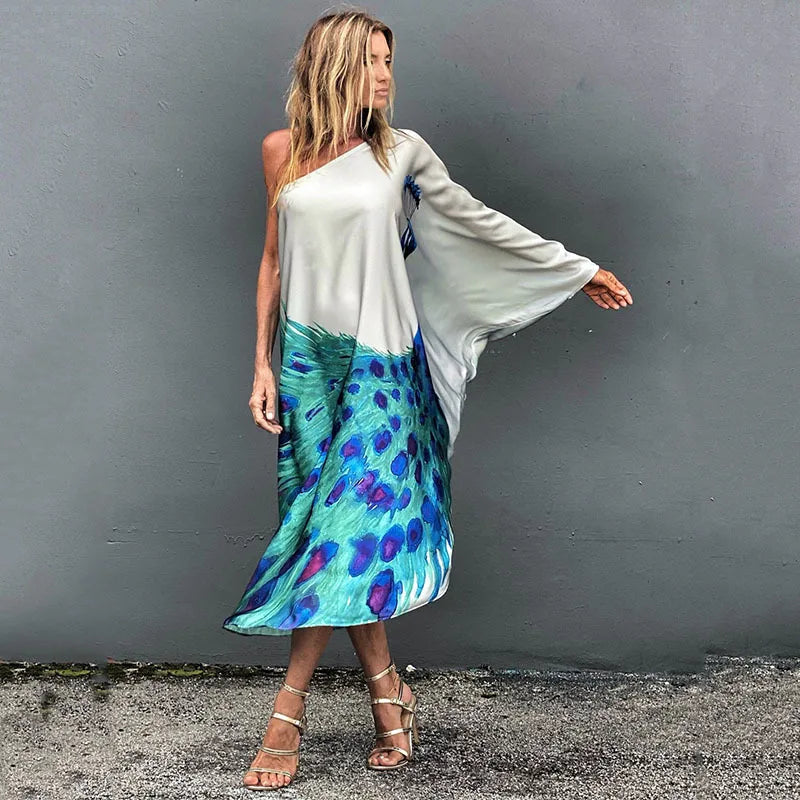 Color Butterfly Print One Shoulder Sleeve Dresses