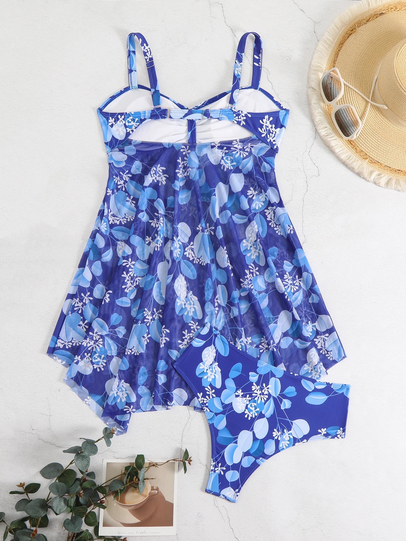 Tropical floral print conservative belly-covering ruffled slim-fit swimsuit bikini dress style two-piece swimwear