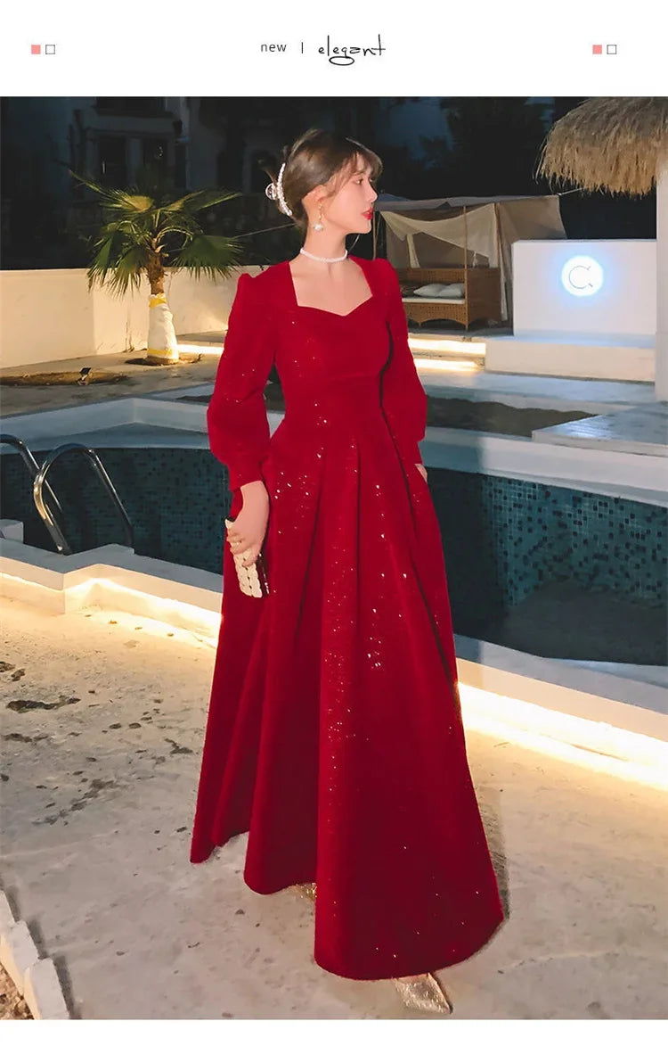 Temperament Dress Women's Solid Color Spring Autumn New Square Collar Long-sleeved A-line Long Skirt Fashion Female Clothing