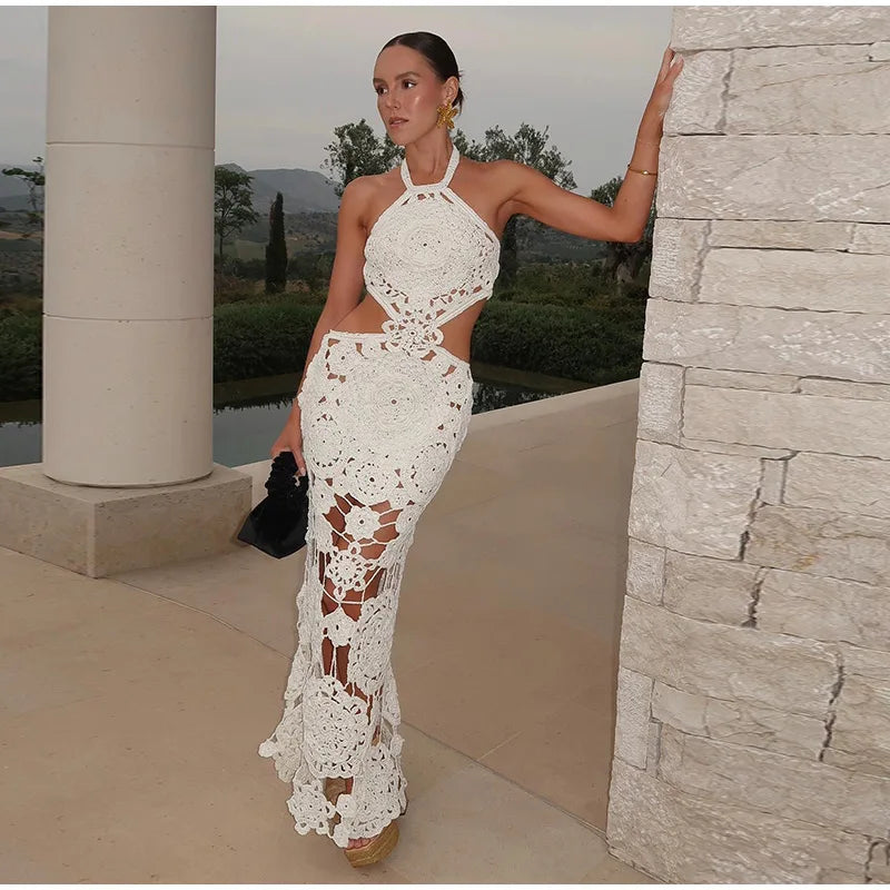Crochet Hollow Out Halter Maxi Dress