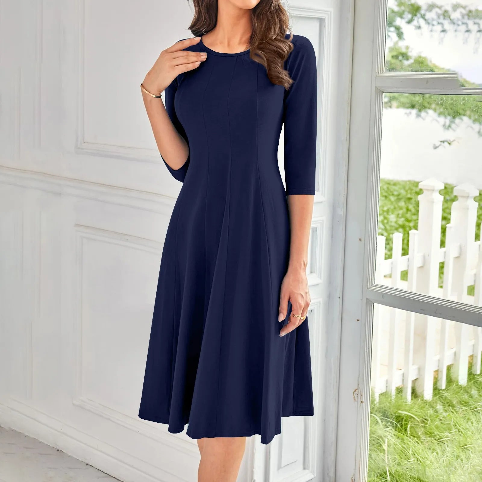 Three Quarter Sleeve Solid Color Dress