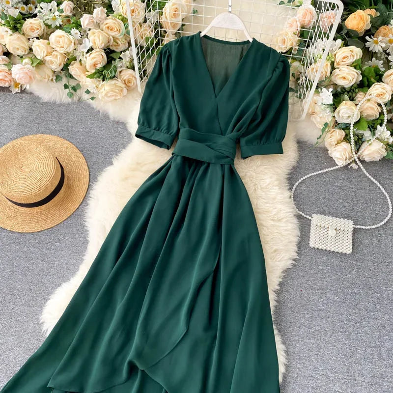 Women's Dress Spring New Temperament V-neck