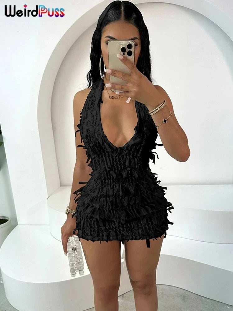 Weird Puss Sexy Halter Tassel Dress