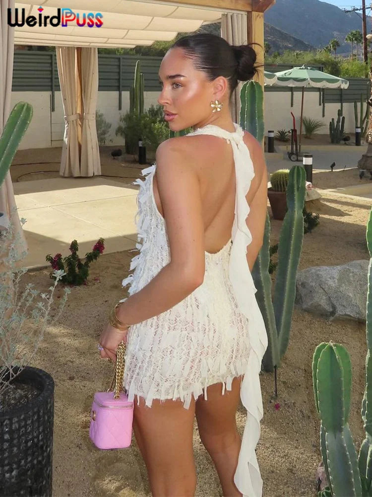 Weird Puss Sexy Halter Tassel Dress
