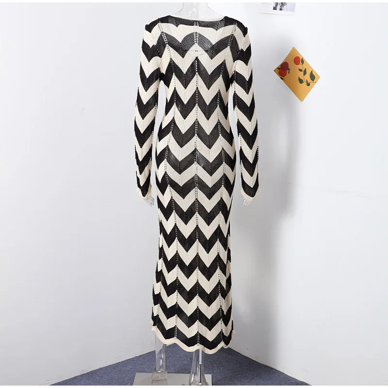 Fashion Knitted Striped Lace Up Maxi Dress