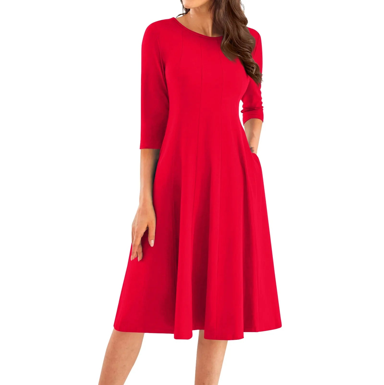Three Quarter Sleeve Solid Color Dress