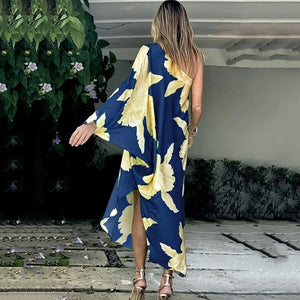 Color Butterfly Print One Shoulder Sleeve Dresses