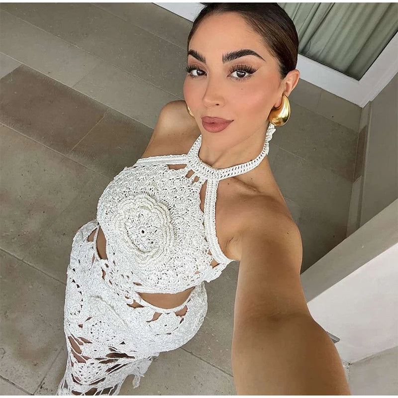Crochet Hollow Out Halter Maxi Dress