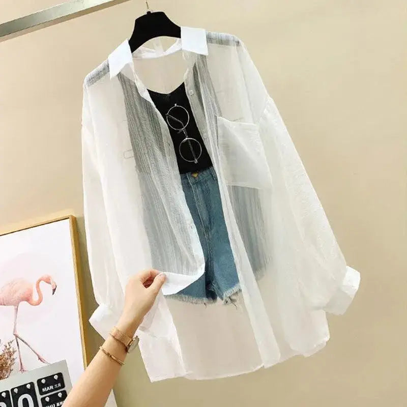 Summer Sunscreen Shirt Elegant Perspective Thin Chiffon Blouse