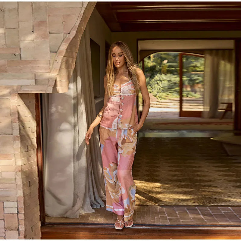 Casual Print Pants Suits