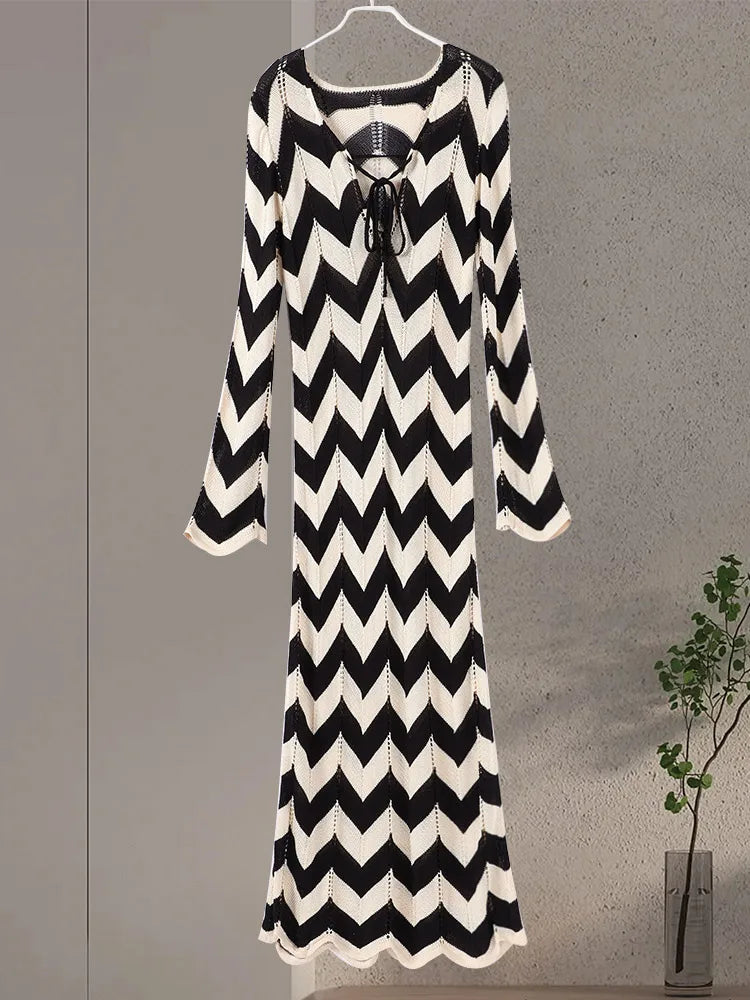 Fashion Knitted Striped Lace Up Maxi Dress