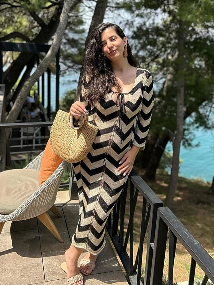 Fashion Knitted Striped Lace Up Maxi Dress
