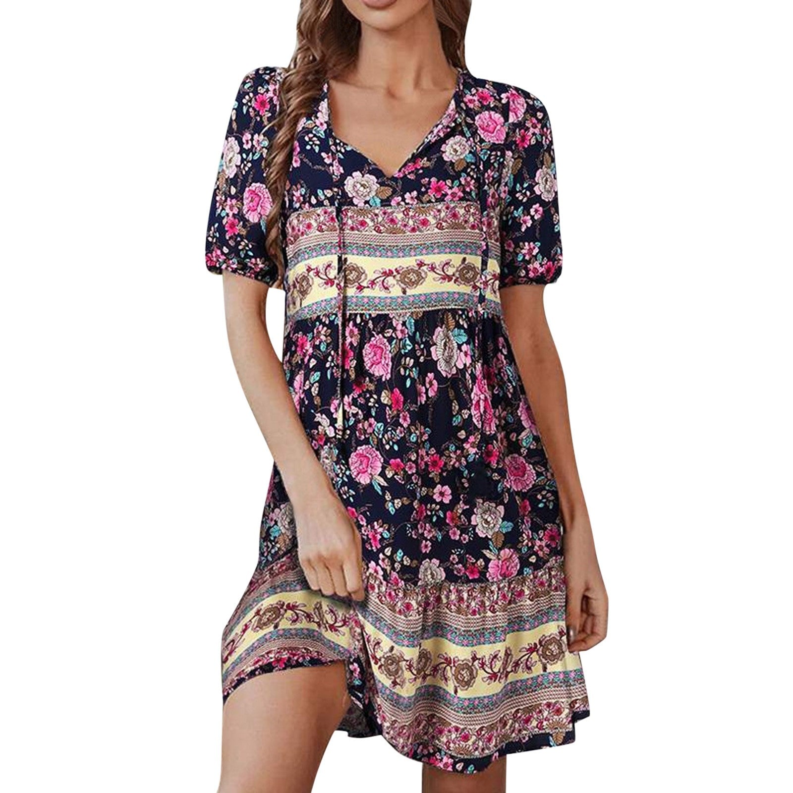 Women Boho Floral Print Tie Up Dresses