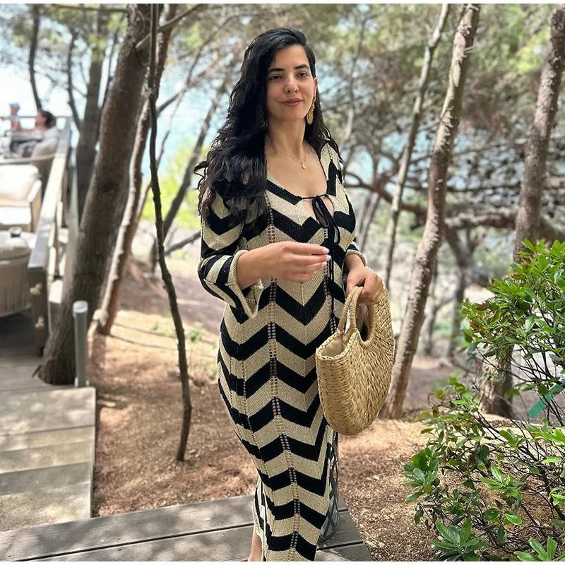 Fashion Knitted Striped Lace Up Maxi Dress
