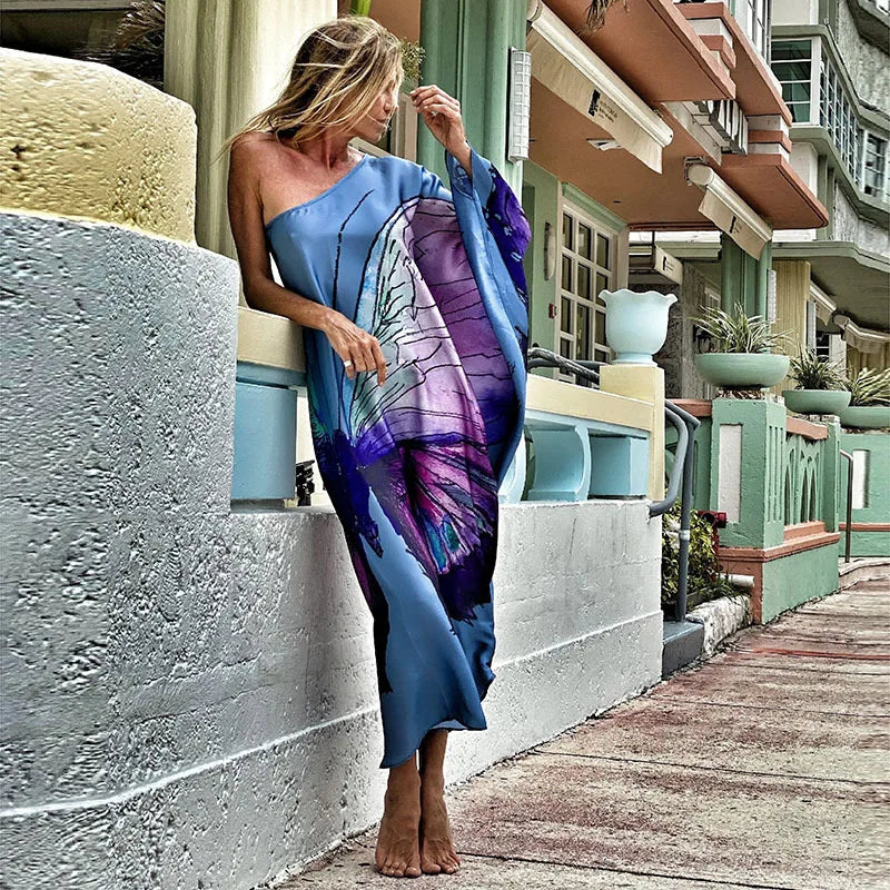 Color Butterfly Print One Shoulder Sleeve Dresses