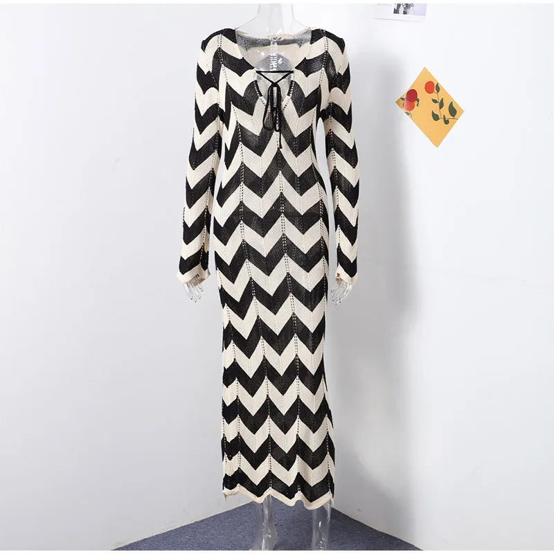 Fashion Knitted Striped Lace Up Maxi Dress